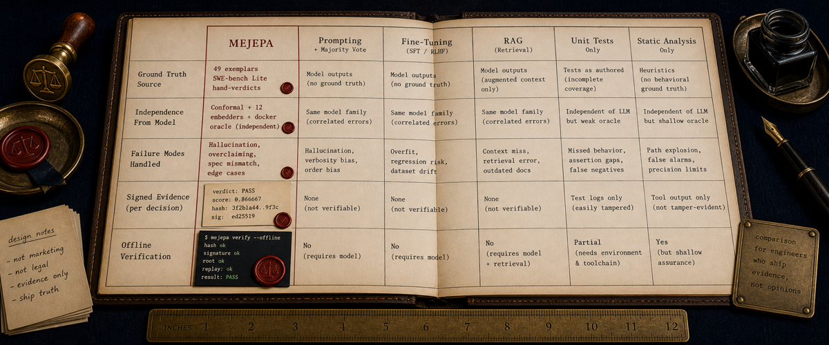 A leather-bound ledger open on a walnut desk. Six columns of hand-written copperplate, the leftmost in vivid oxblood reads 'MEJEPA'; the remaining five in muted grey read CODERABBIT, GREPTILE, SONARQUBE, AI SELF-GRADING, SENIOR REVIEWER. Eight row labels in archival italics. A brass page-weight rests at the top of the leftmost column.
