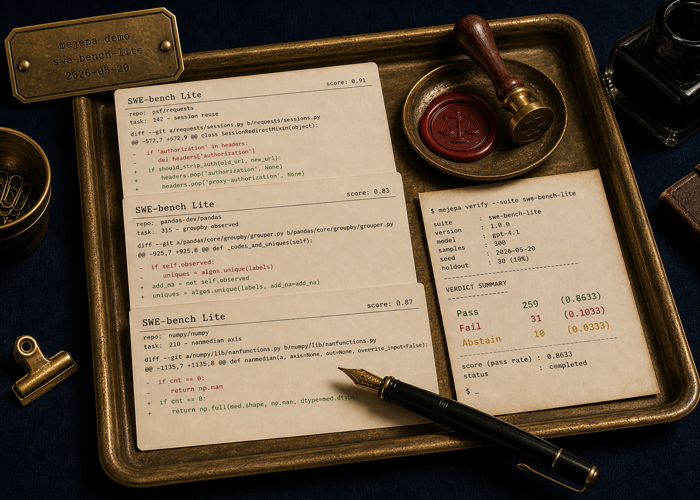 A brass tray holding three SWE-bench Lite index cards (django, sympy, matplotlib), a fountain pen, and an oxblood wax-seal holder.