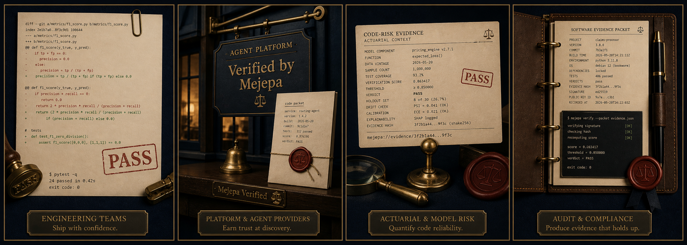 Four framed still-lifes in brass frames: a Python diff with a PASS wax stamp; a 'Verified by Mejepa' storefront sign; a policy document with an actuarial seal; a leather audit binder with a quill.
