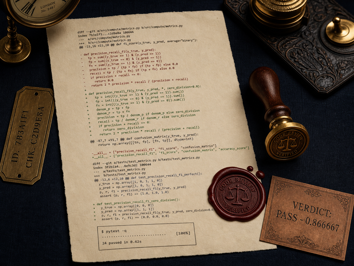 An oxblood wax seal pressed onto a Python diff. Copperplate caption: VERDICT: PASS · 0.866667.