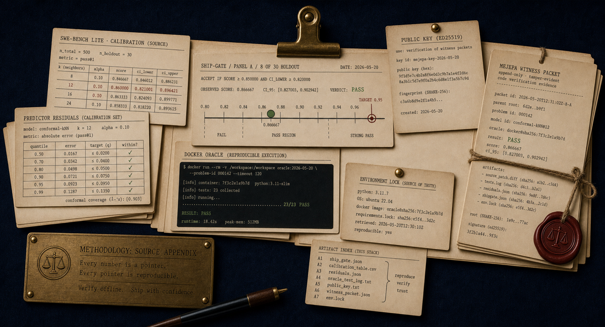 A stack of methodology source documents on a walnut desk, each labeled in copperplate with its role in the FSV plan.