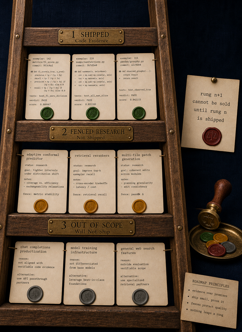 A tall walnut ladder leaning against dark-navy linen. Three rungs, each with a brass plaque: green wax dot (rung 1 — today), amber wax dot (rung 2 — next), grey wax dot (rung 3 — research). Below: a folded card reads 'Rung n+1 cannot be sold until rung n is shipped.'