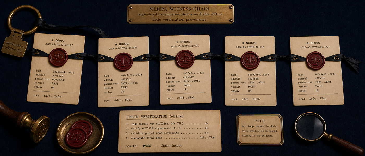 Five sealed cream-linen envelopes in a row, connected by a black silk ribbon, anchored on the right by a brass ring engraved 'PUBLIC KEY · OFFLINE 30s'. Each envelope tagged in copperplate: verdict, panel, training cert, feedback event, audit.