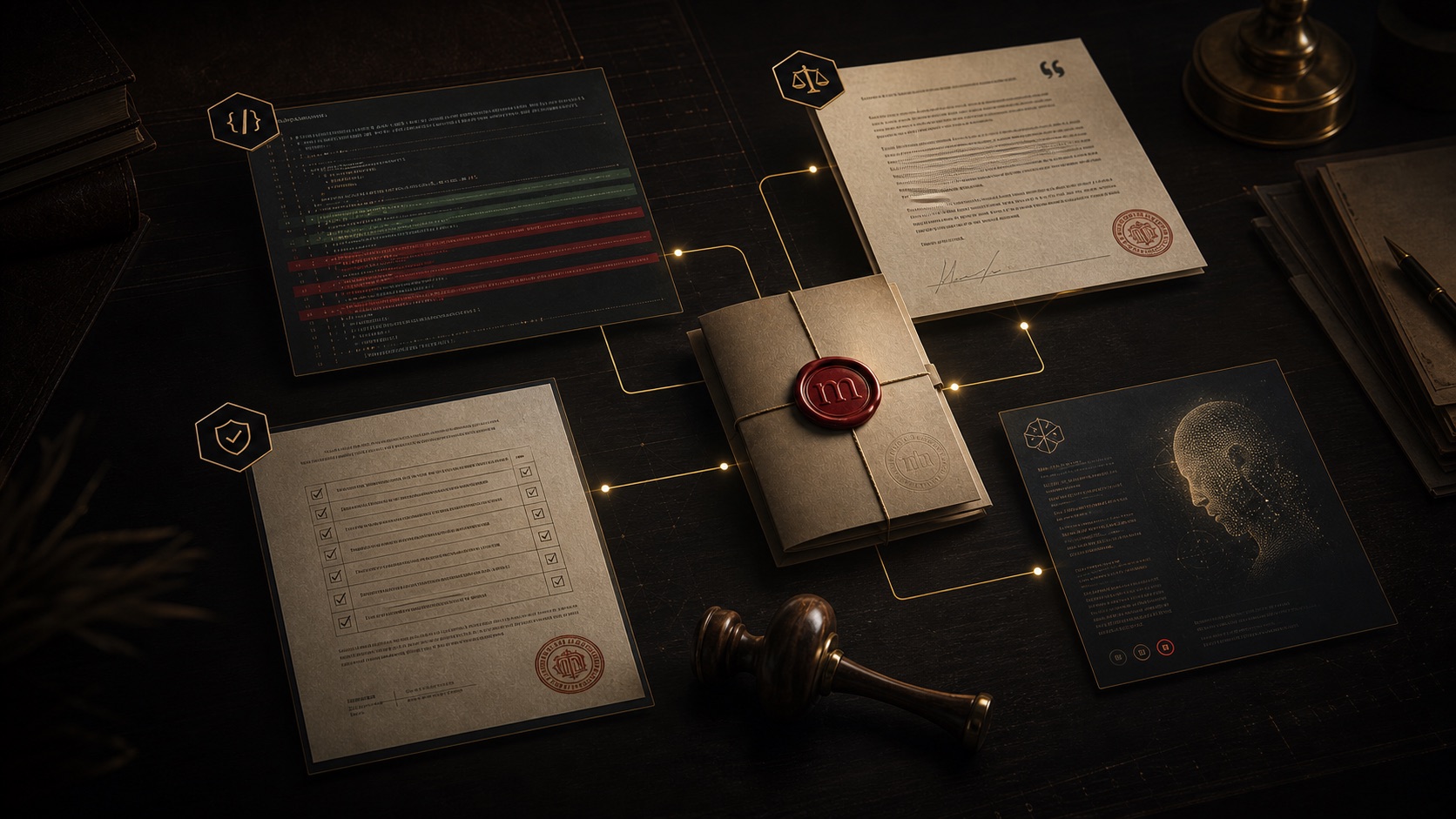 Code, legal, compliance, and AI product artifacts connected to a sealed Mejepa verification packet.